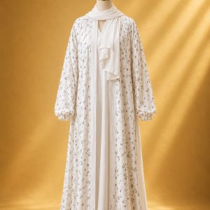 Elegant White Floral Print Abaya With Scarf