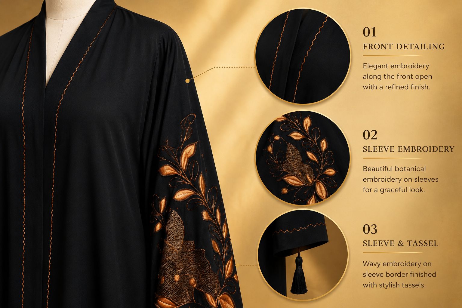Golden&Black Embroidered Abaya - Image 2